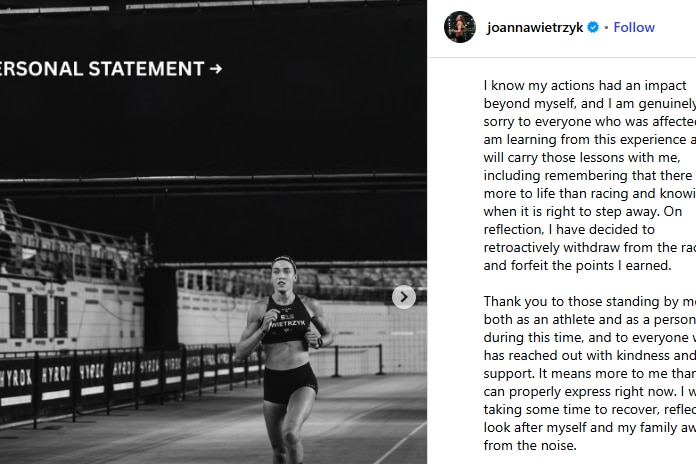 a screenshot of a black and white photo of a girl running with an apology in the caption