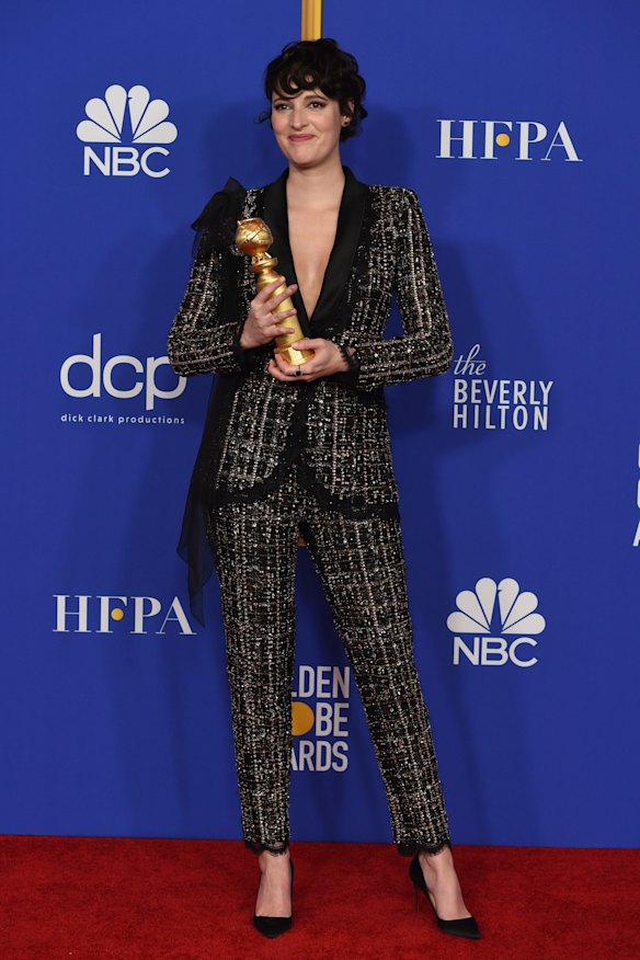 Phoebe Waller-Bridge rocked a bejewelled tuxedo while winning a Golden Globe for Fleabag.