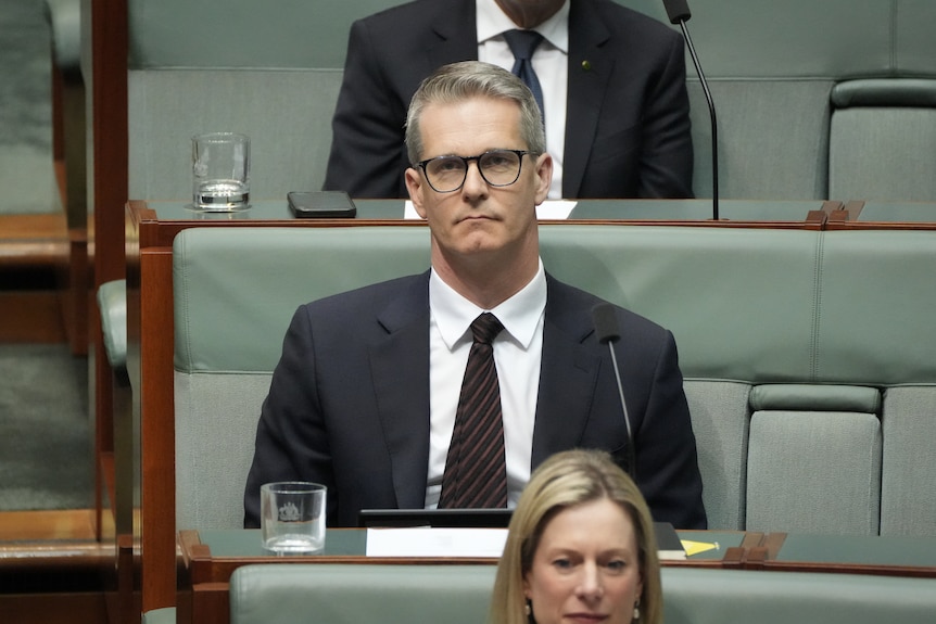 Andrew Charlton, wearing a black suit, sits on the green seats of the House of Representatives.