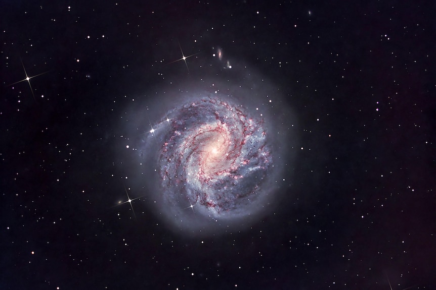 A deep-space photo of a circular galaxy with stars