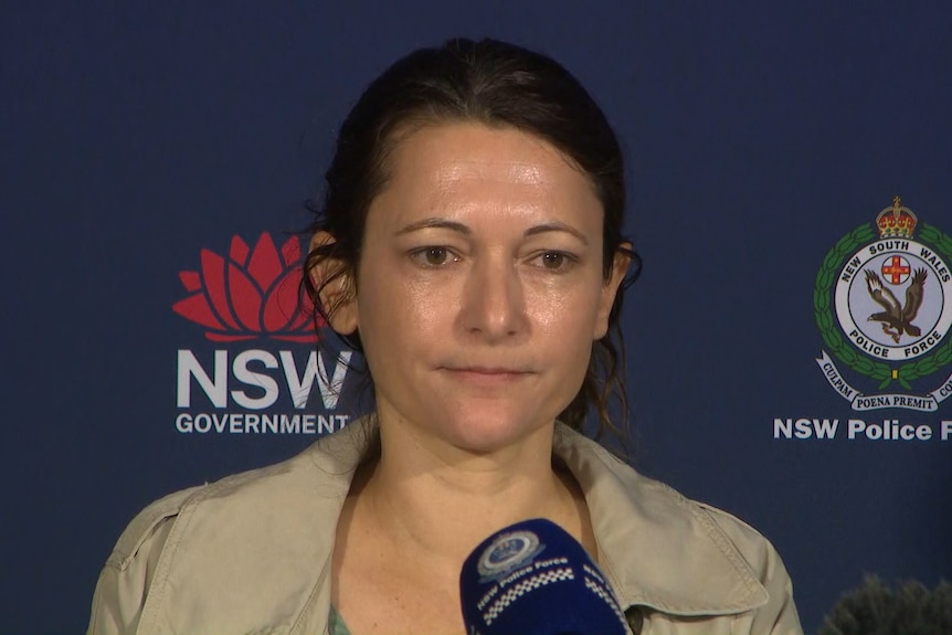 A woman with brown hair and brown eyes stands in front of a microphone, looking serious and sad.
