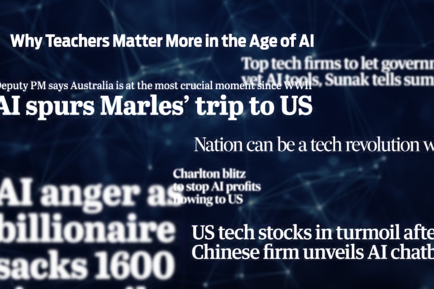 A graphic showing a handful of headlines about AI from stock prices to education.