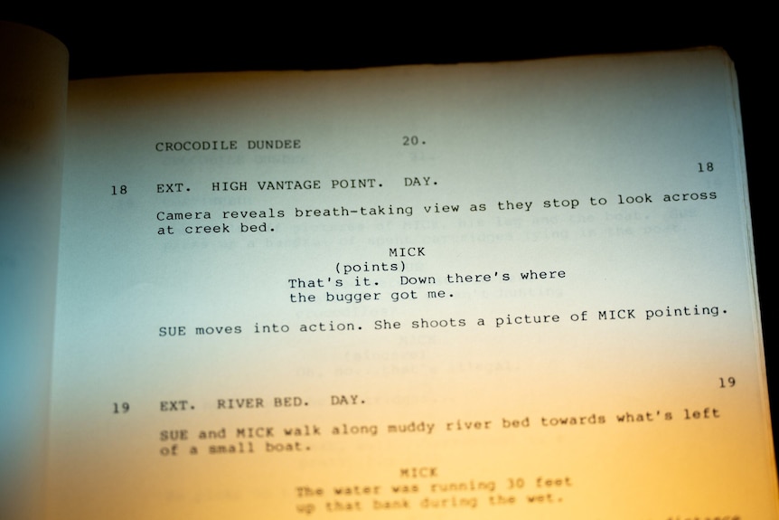 A page from an old script for the Crocodile Dundee film includes dialogue from protagonist Mick.