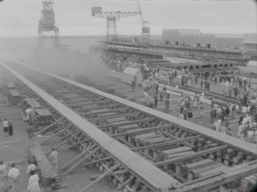 Black and white archival image of the Whyalla Steelworks in operation.