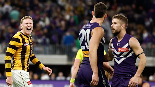 Hawthorn captain James Sicily unloads at Patrick Voss at the end of the qualifying final.