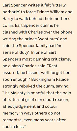 Earl Spencer claims Charles said we'll forget about Diana soon enough. The Palace strongly rebuked the claim.