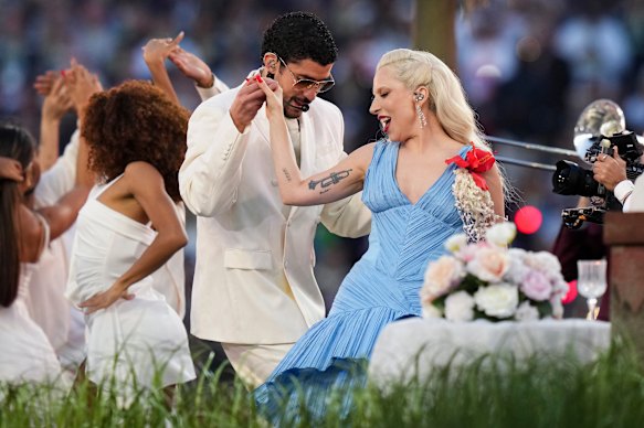 Bad Bunny and Lady Gaga perform at the Super Bowl Halftime Show, designed by Australian Julio Himede.