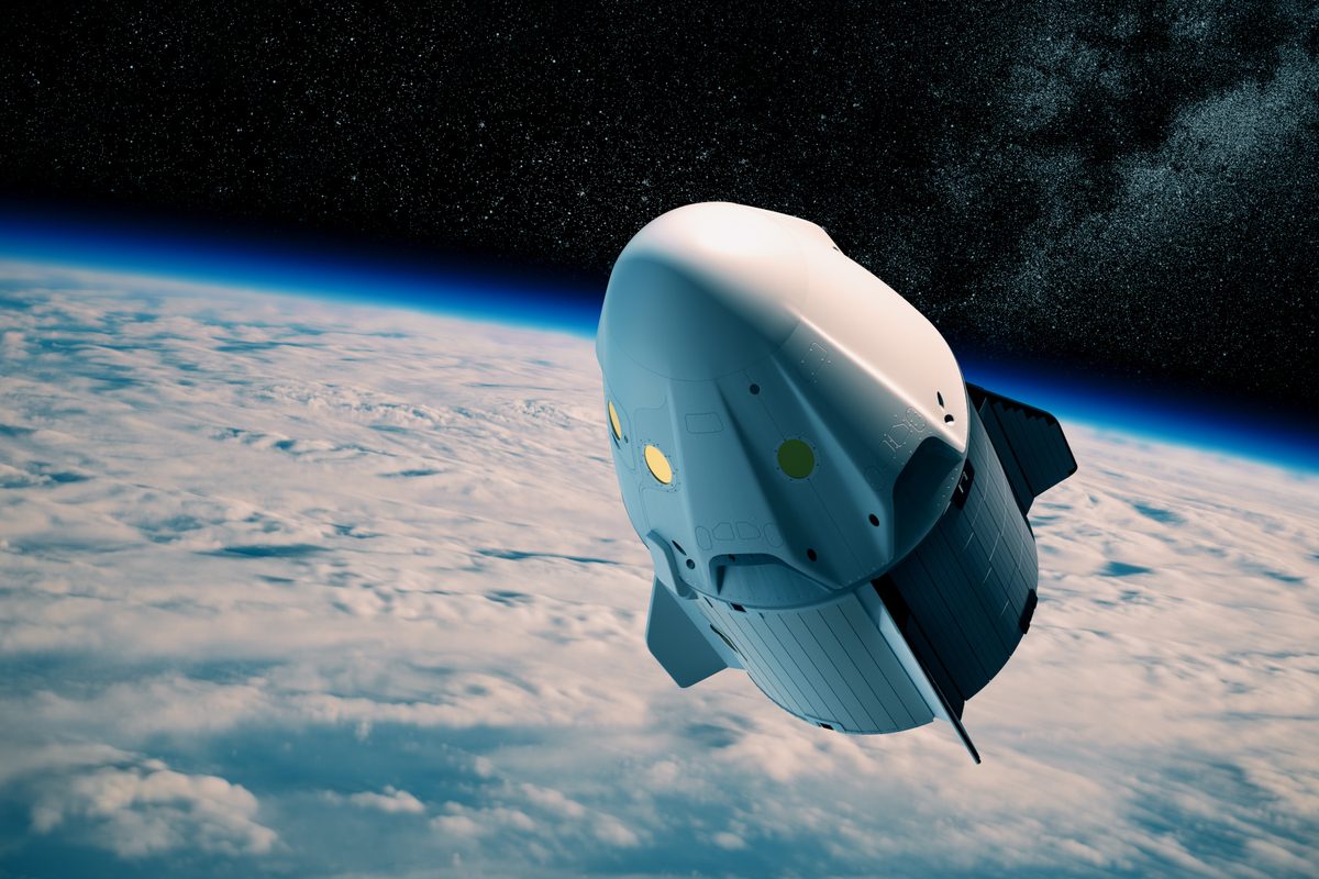 New Commercial Spacecraft Above Clouds. 3D Illustration