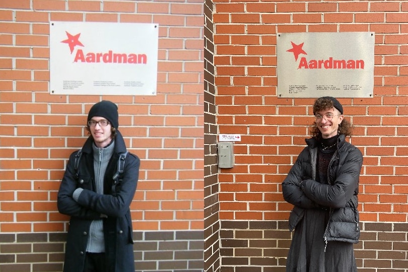 (L-R) Sammy Lewis under the Aardman sign in 2009 and upon their return to work with the studio in 2026.