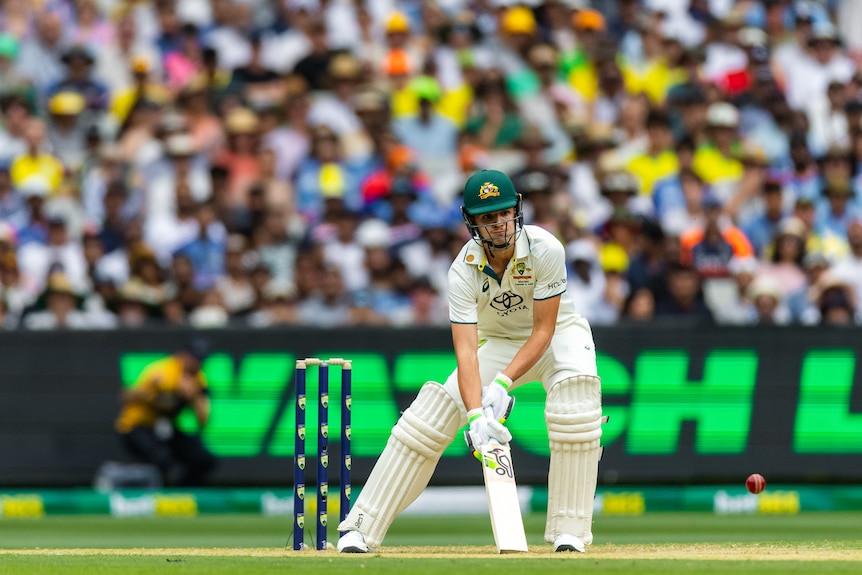 Sam Konstas plays a ramp shot against India