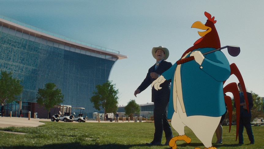 A hatted billionaire and a cartoon rooster laugh together at a golf course.