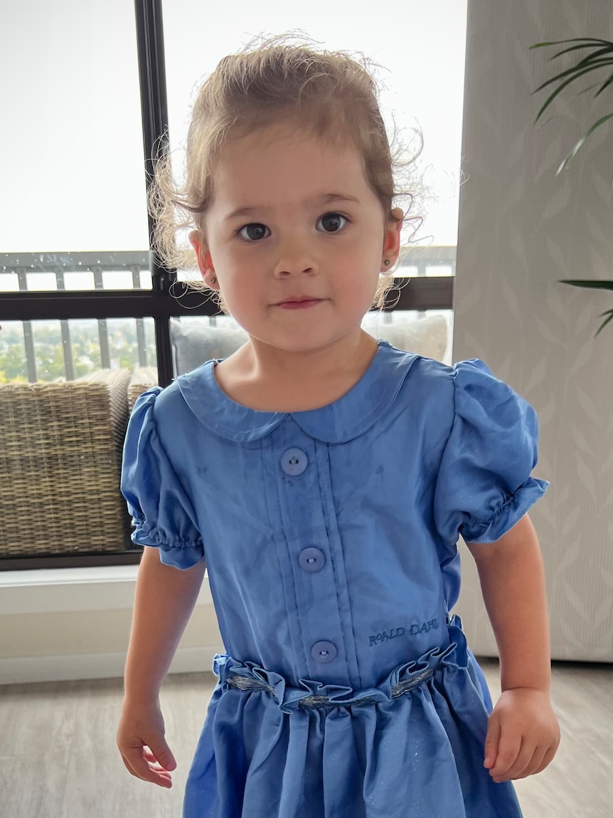 a toddler in a long dress with puffy sleeves and her hair tied up looks at the camera