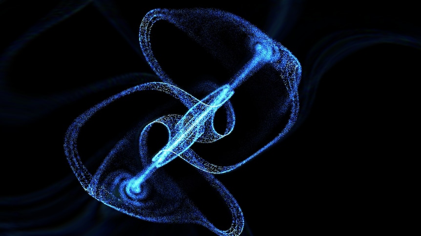 digital soundwaves form a helix like structure in blue tones