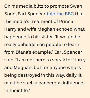 Earl Spencer told the BBC the media's treatment of Harry and Meghan echoes what happened to Diana.