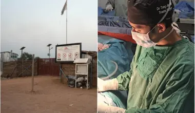 Tan Tock Seng Hospital specialist trauma surgeon Tang Jun Han conducting a diaphragm repair surgery at the Ameth-Bek Hospital.