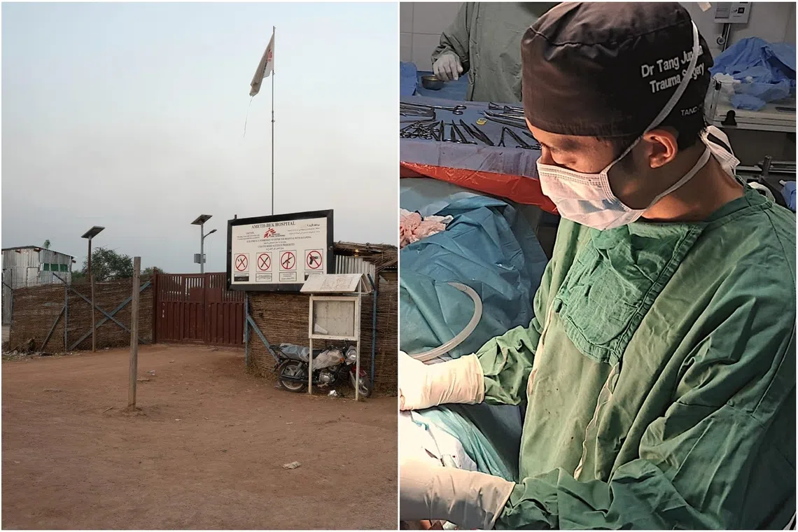 Tan Tock Seng Hospital specialist trauma surgeon Tang Jun Han conducting a diaphragm repair surgery at the Ameth-Bek Hospital.