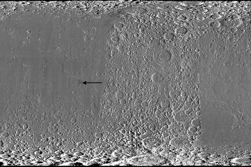 A greyscale image showing the full extent of the Moon's surface, dotted by hundreds of circular crater marks.