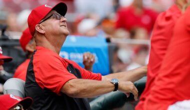Cincinnati Reds manager Terry Francona watches a fly ball against the Colorado Rockies during the third inning of a baseball game, Sunday, July 13, 2025, in Cincinnati. (AP Photo/Jay LaPrete)