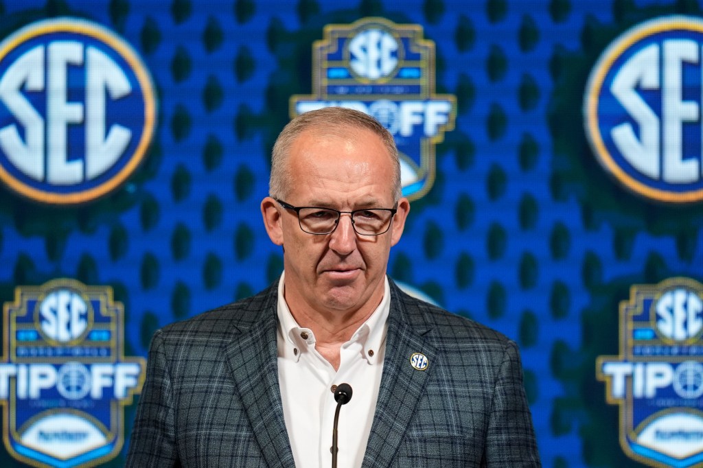 Greg Sankey, commissioner of the Southeastern Conference, speaks during NCAA college basketball women's SEC Media Day, Oct. 16, 2024, in Birmingham, Ala