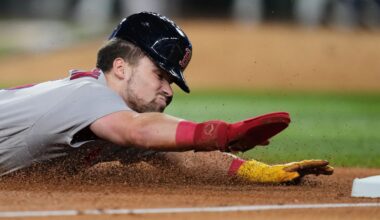 Boston Red Sox's Caleb Durbin advances to third on a single by Trevor Story in the fifth inning of a baseball game against the Texas Rangers Wednesday, Sept. 16, 2026, in Arlington, Texas. (AP Photo/Tony Gutierrez)