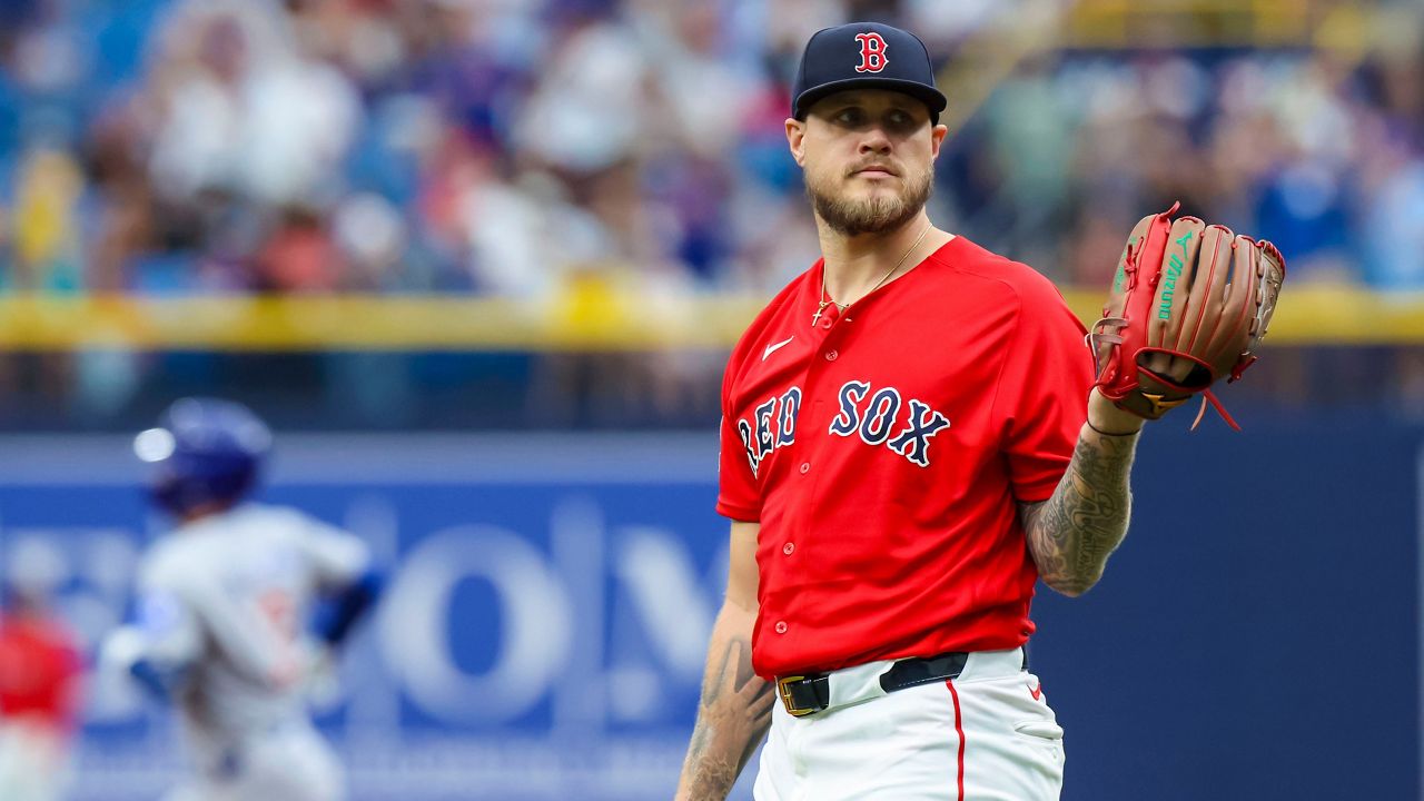Boston Red Sox starting pitcher Tanner Houck looks on after giving up a two-run home run to Chicago Cubs designated hitter Alex Bregman during the first inning of a baseball game Sunday, Sept. 27, 2026, in St. Petersburg, Fla. (AP Photo/Chris Urso)