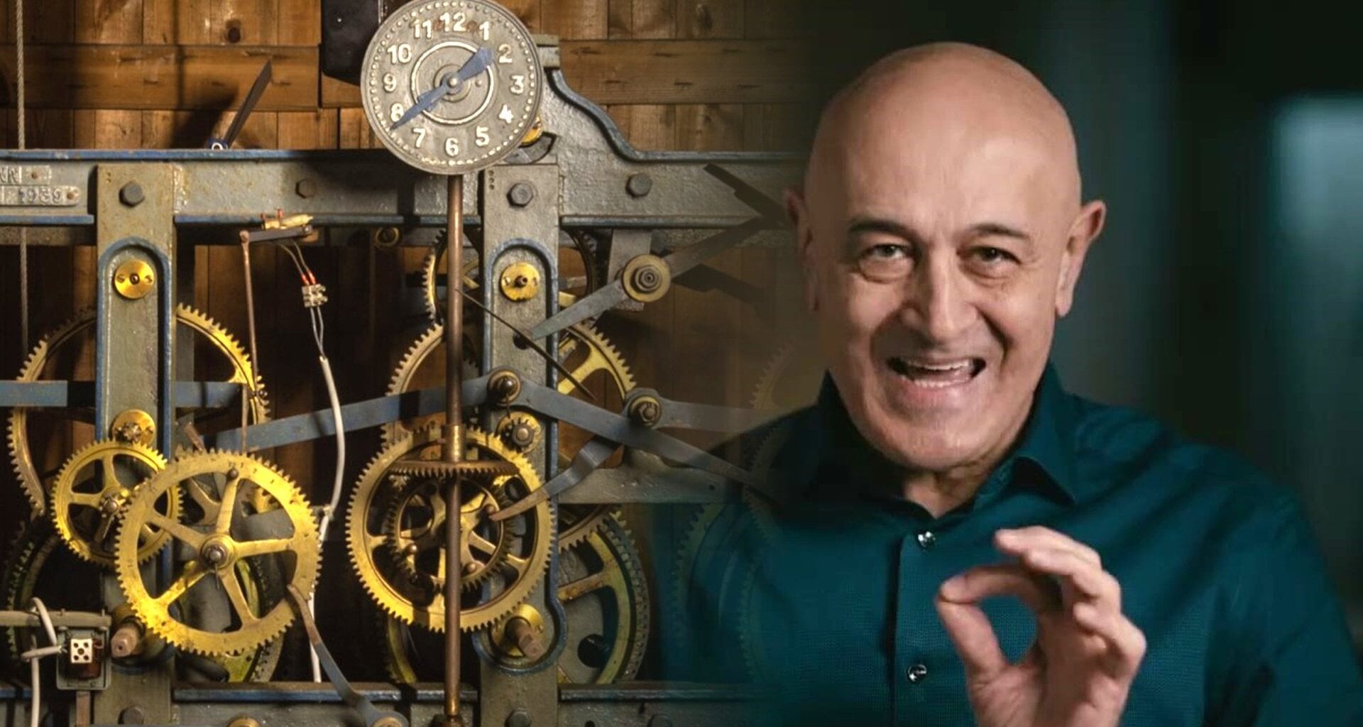 Physicist Jim Al-Khalili is the author of "On Time: The Physics That Makes the Universe Tick." (Credits: Clockwork photo adapted from Dietmar Rabich / Wikimedia Commons / Dülmen, Heilig-Kreuz-Kirche, Uhrwerk -- 2019 -- 3054. Al-Khalili image: Princeton University Press. Created under CC BY-SA 4.0 license)