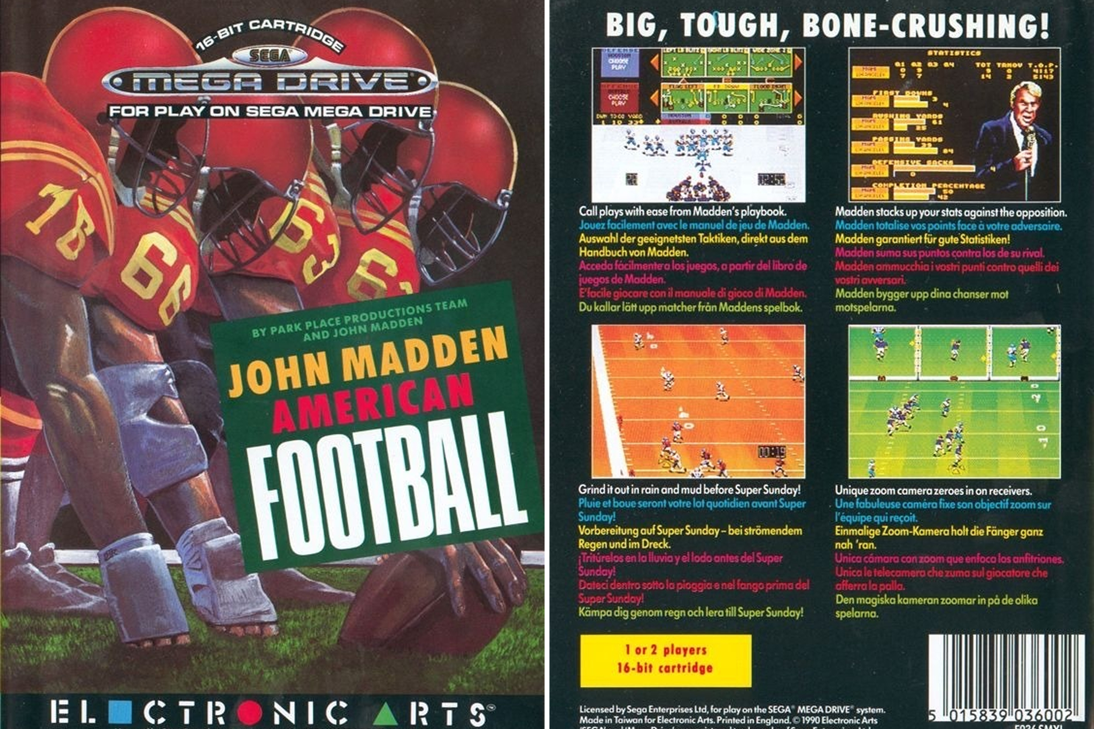 A split image showing the front and back covers of the game "John Madden American Football" for Sega Mega Drive, a video game distributed in Australia. The front cover shows four linemen in red and yellow about to snap the ball, and the back shows images of gameplay features.