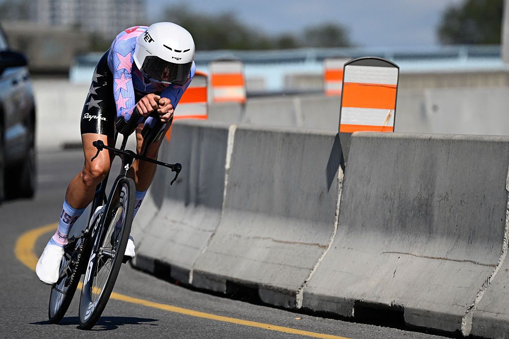 Brandon McNulty during the Men's Elite individual time trial at the 2026 UCI Road World Championships in Montreal. (Photo by Andrej Ivanov / AFP via Getty Images)