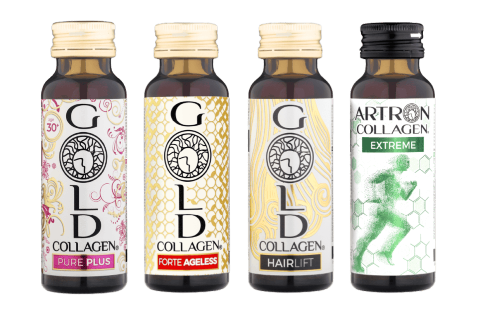 Four small collagen supplement bottles: Gold Pure Plus, Forte Ageless, Hairlift, and Artron Extreme.