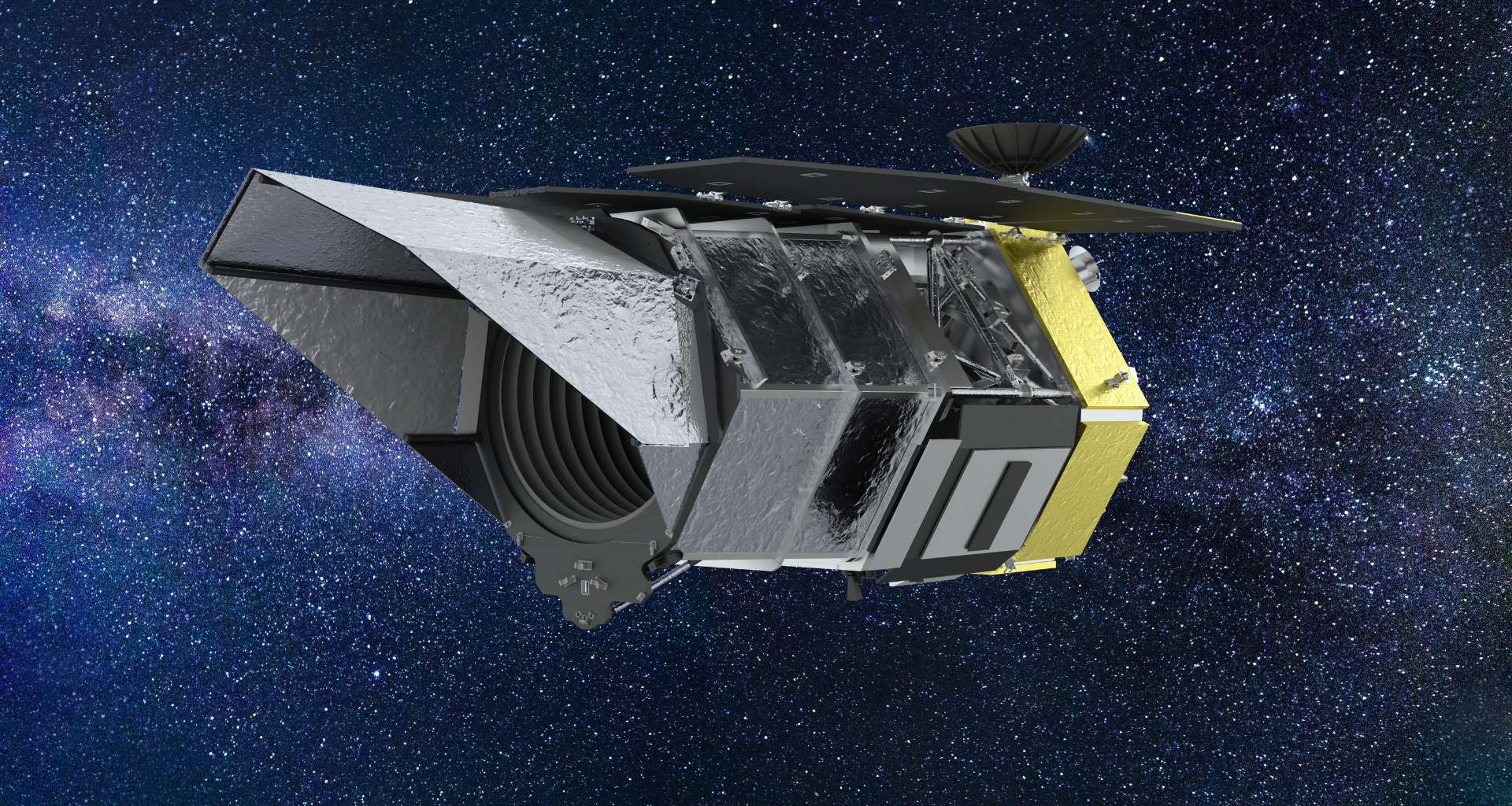 A large space telescope in front of a deep space background.