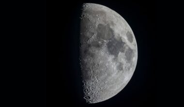 A half lit moon is shown in a black sky