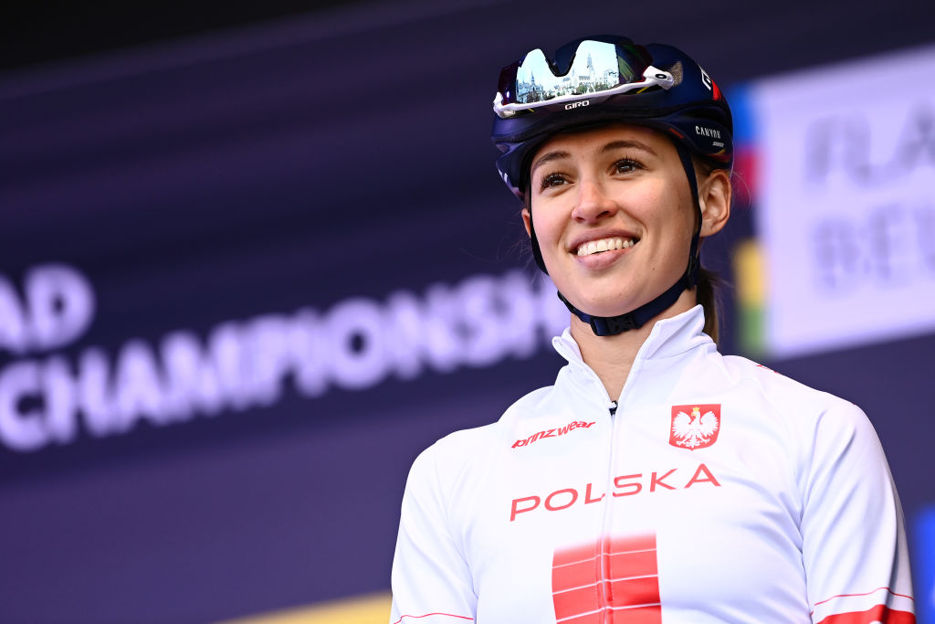 Kasia Niewadoma-Phinney at the 2021 Road World Championships in Leuven, where she finished third