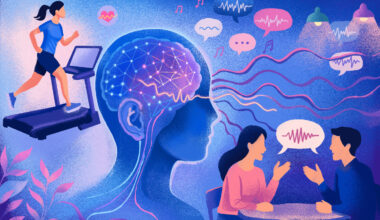 Illustration of a woman running on a treadmill connected by sound waves to a brain, which processes overlapping speech bubbles and a conversation between two people at a table.
