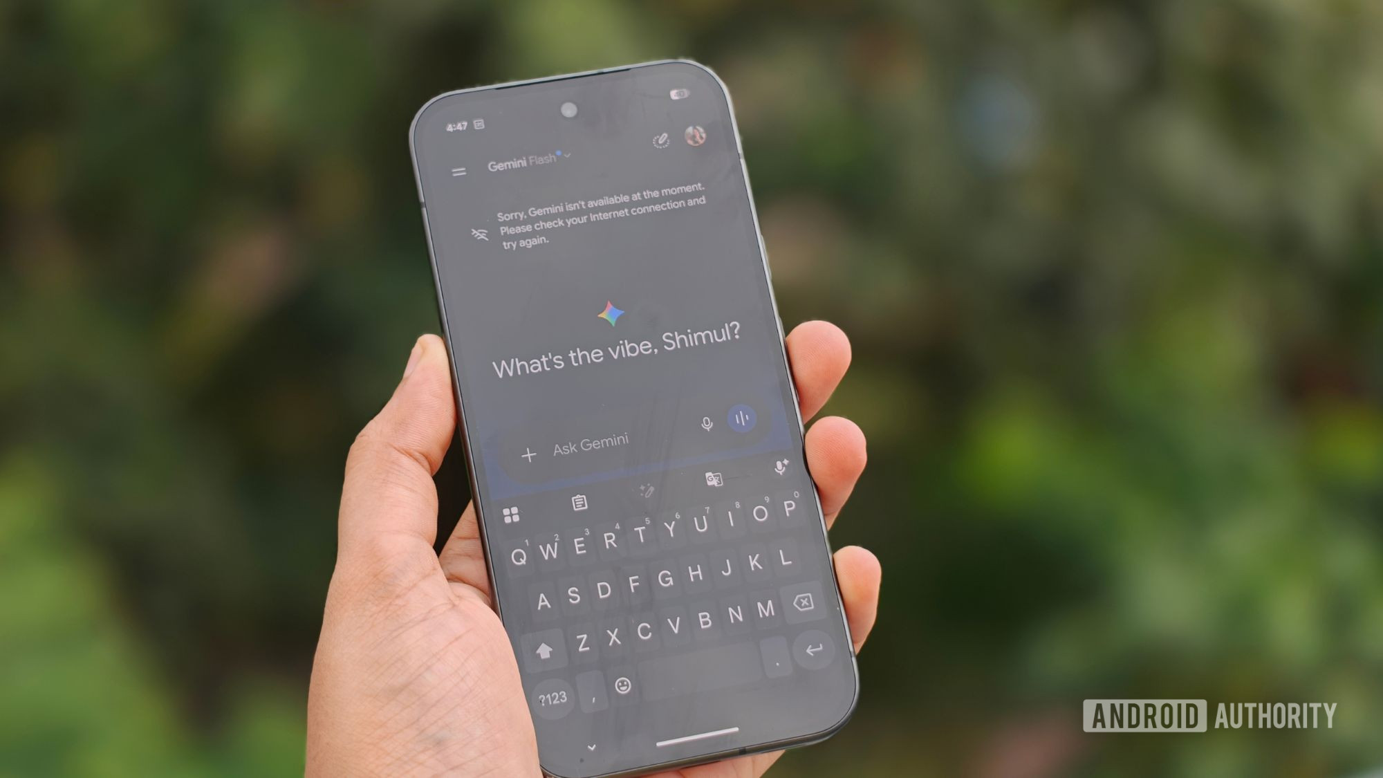 Gemini app asking What's the vibe, Shimul on Google Pixel 11
