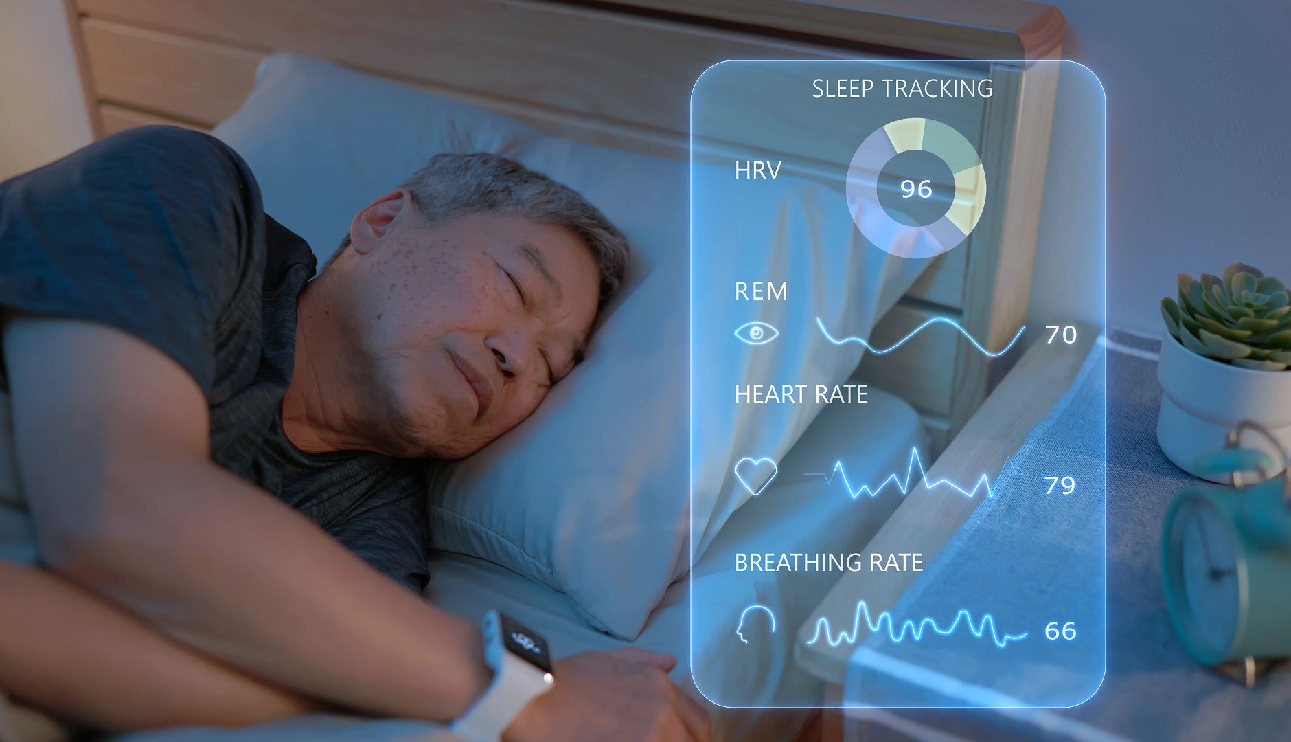 AARP Smart Guide to Wearable Technology a person sleeping with health metrics on a screen