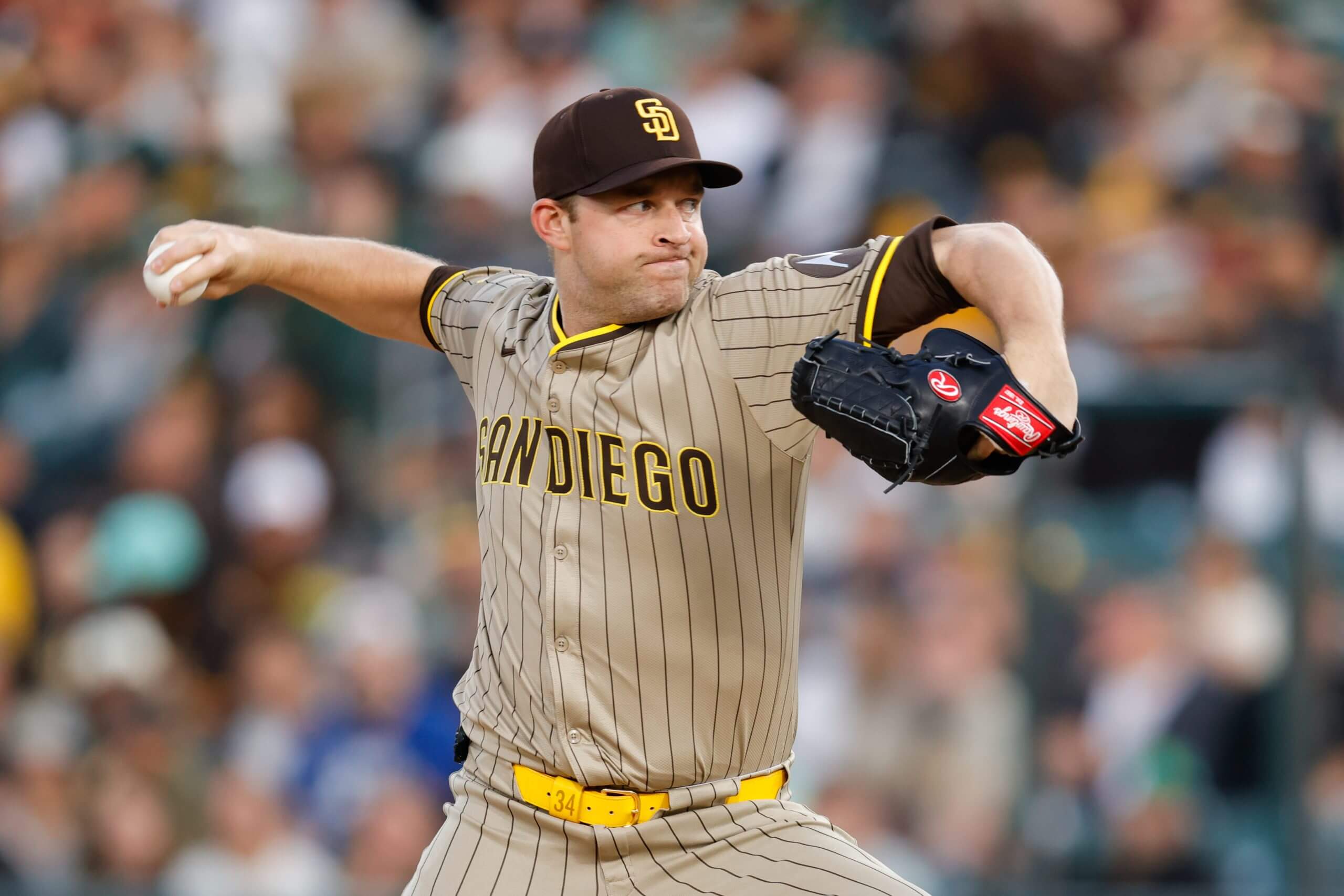 Michael King #34 of the San Diego Padres pitches in the first inning against the Athletics at Sutter Health Park on April 7, 2025 in Sacramento, California.