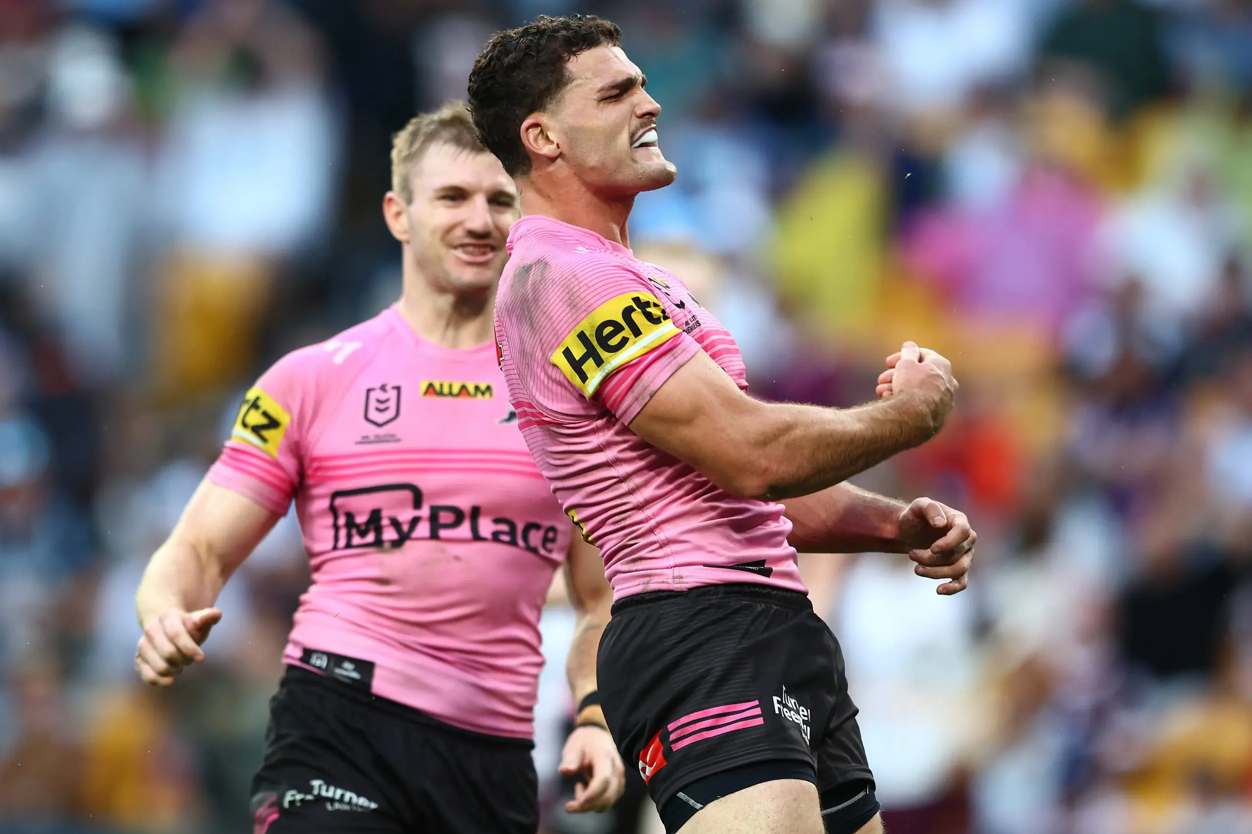 BRISBANE, AUSTRALIA - MAY 04: Nathan Cleary of the Panthers celebrates after scoring a try during the round nine NRL match between the Penrith Panthers and Brisbane Broncos at Suncorp Stadium on May 04, 2025, in Brisbane, Australia. (Photo by Chris Hyde/Getty Images)