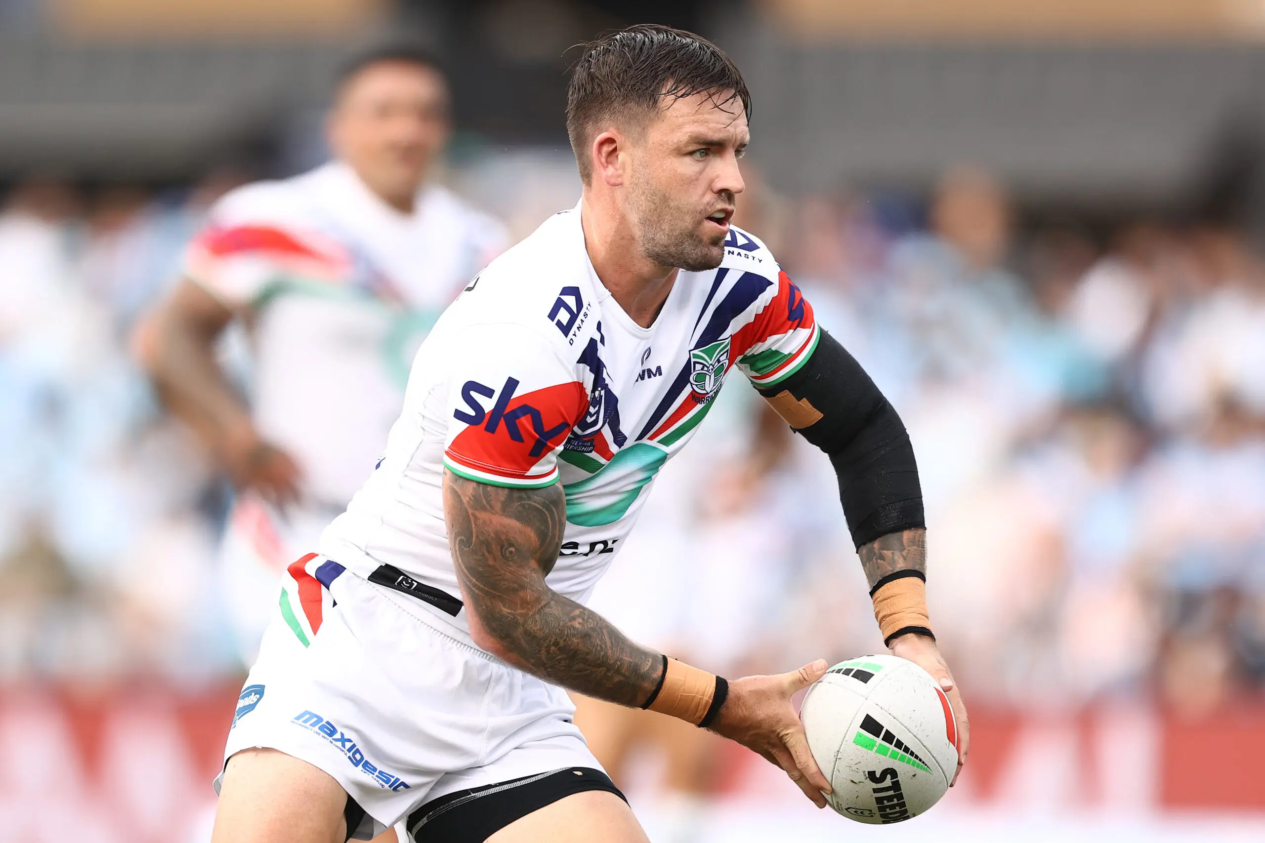 SYDNEY, AUSTRALIA - APRIL 05: Wayde Egan of the Warriors runs the ball during the round five NRL match between the Cronulla Sharks and New Zealand Warriors at Ocean Protect Stadium on April 05, 2026 in Sydney, Australia. (Photo by Matt Blyth/Getty Images)