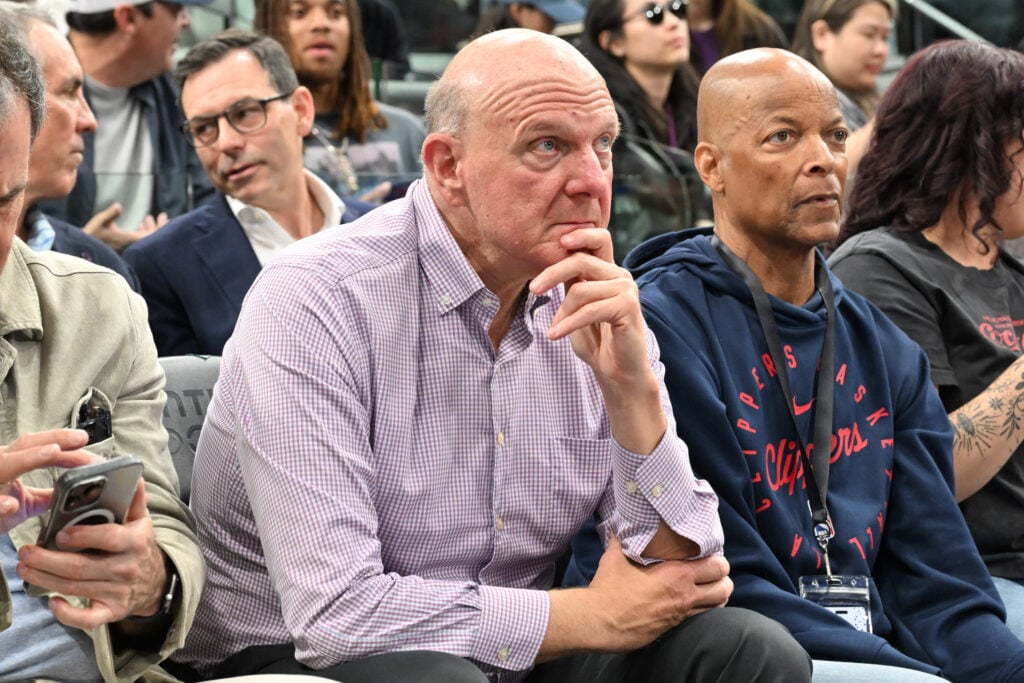 Steve Ballmer attends a basketball game between the Los Angeles Clippers and the Golden State Warriors at Intuit Dome on April 15, 2026 in Inglewood, California.