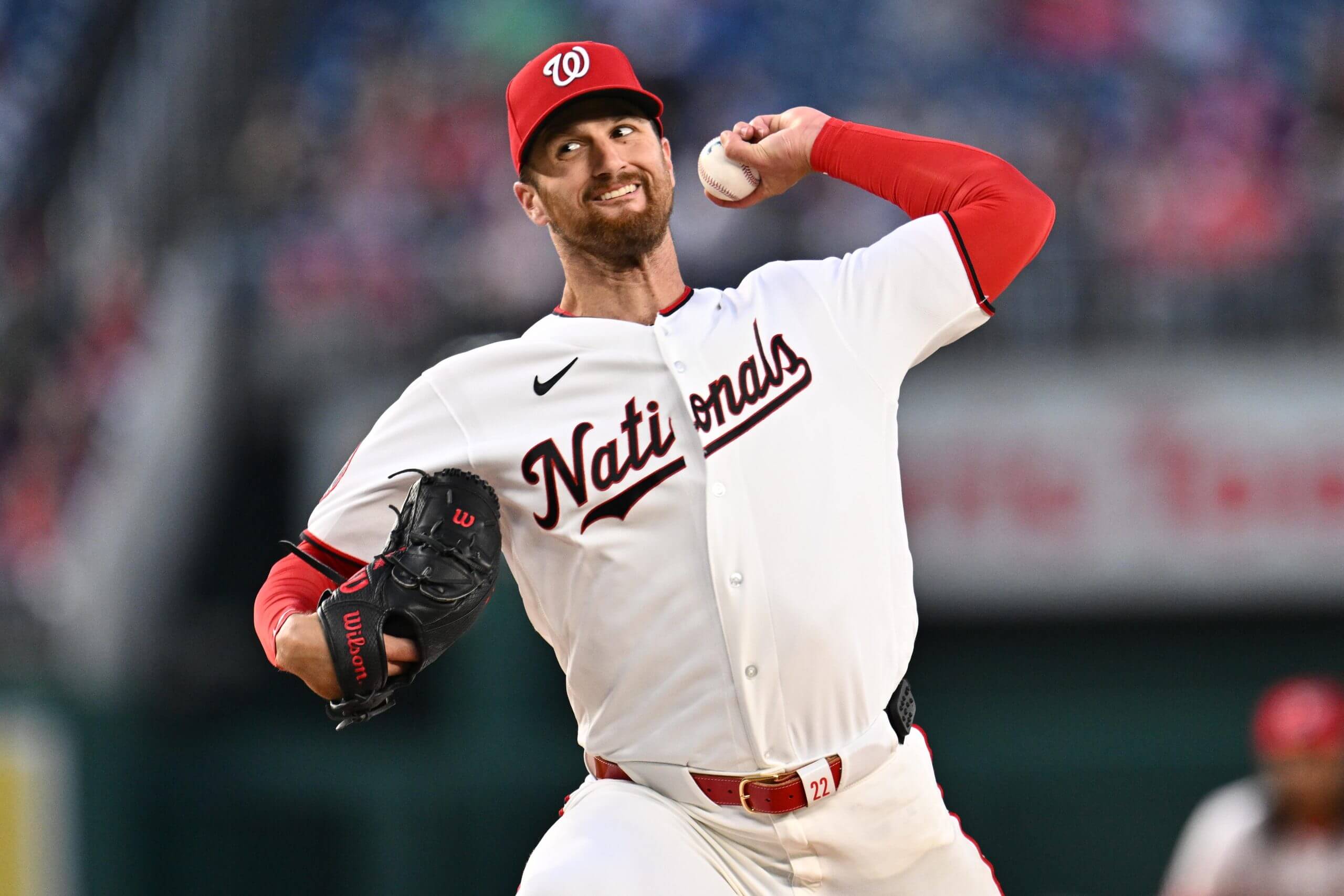 Foster Griffin #22 of the Washington Nationals pitches in the third inning against the Atlanta Braves at Nationals Park on April 121, 2026 in Washington, DC.