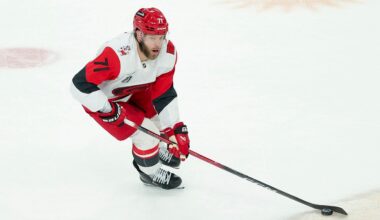 Taylor Hall #71 of the Carolina Hurricanes skates with the puck against the Vegas Golden Knights during the second period in Game Six of the 2026 Stanley Cup Final at T-Mobile Arena on June 14, 2026 in Las Vegas, Nevada.