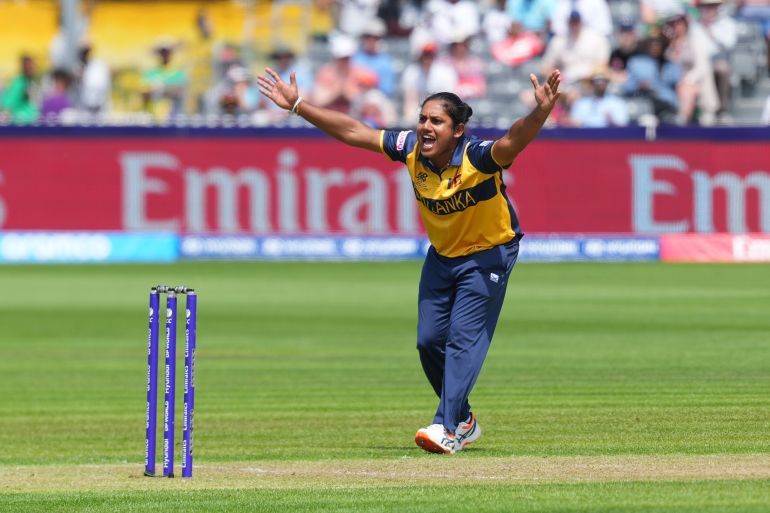 BRISTOL, ENGLAND - JUNE 21: Chamari Athapaththu of Sri Lanka appeals during the ICC Women's T20 World Cup Group B match between Sri Lanka Vs West Indies at Bristol County Ground on June 21, 2026 in Bristol, England. (Photo by Sameera Peiris/Getty Images)