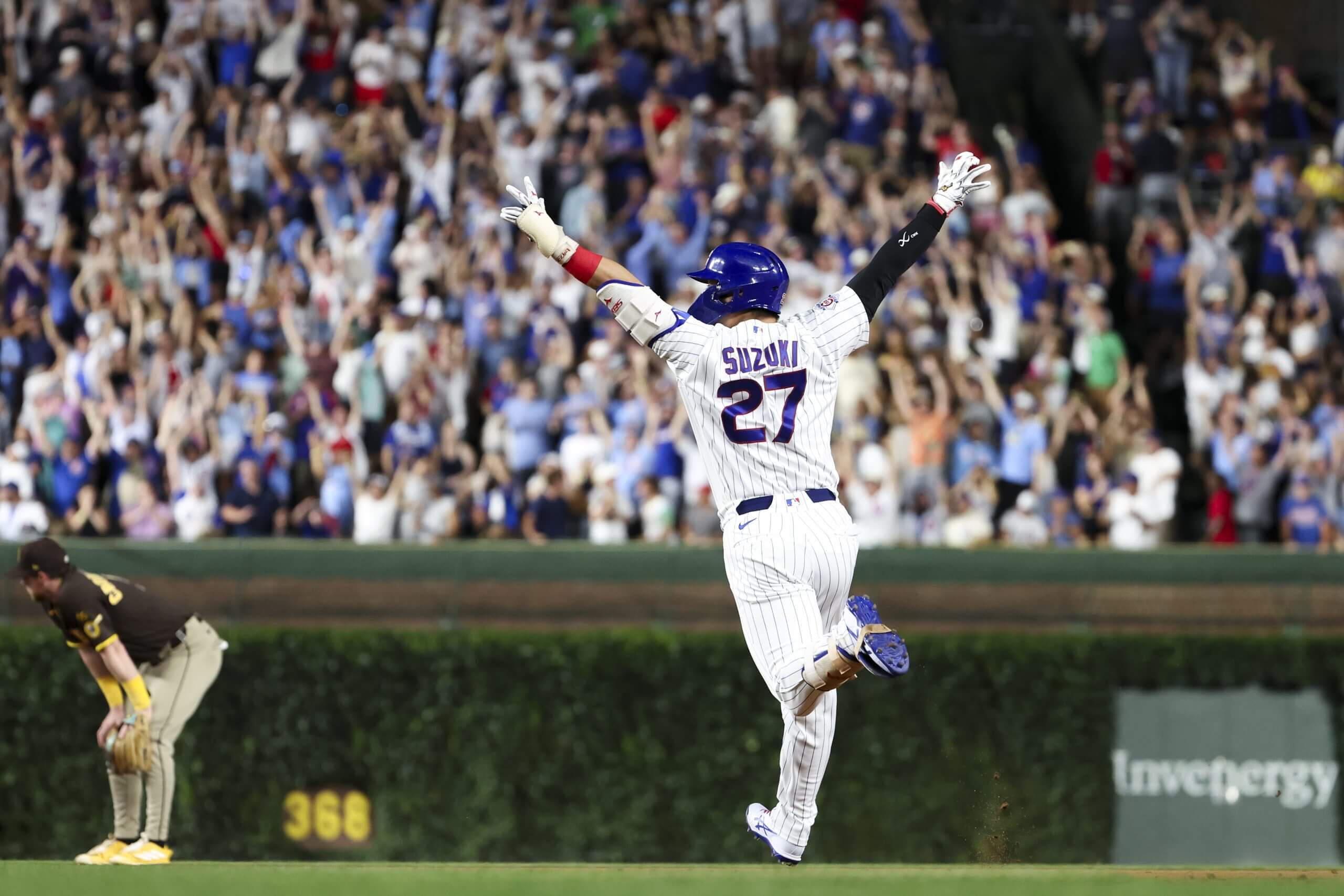 Seiya Suzuki #27 of the Chicago Cubs reacts after hitting a walk-off single in the ninth inning against the San Diego Padres at Wrigley Field on June 29, 2026 in Chicago, Illinois.