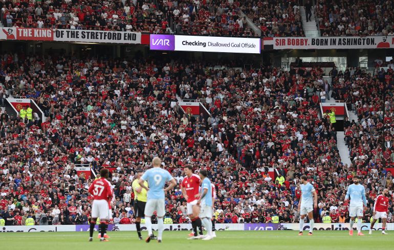 MANCHESTER, ENGLAND - SEPTEMBER 13: General view inside the stadium as the LED screen shows Erling Haaland of Manchester City goal being checked for offside by VAR during the Premier League 2026/27 match between Manchester United and Manchester City at Old Trafford on September 13, 2026 in Manchester, England. (Photo by Michael Regan/Getty Images)