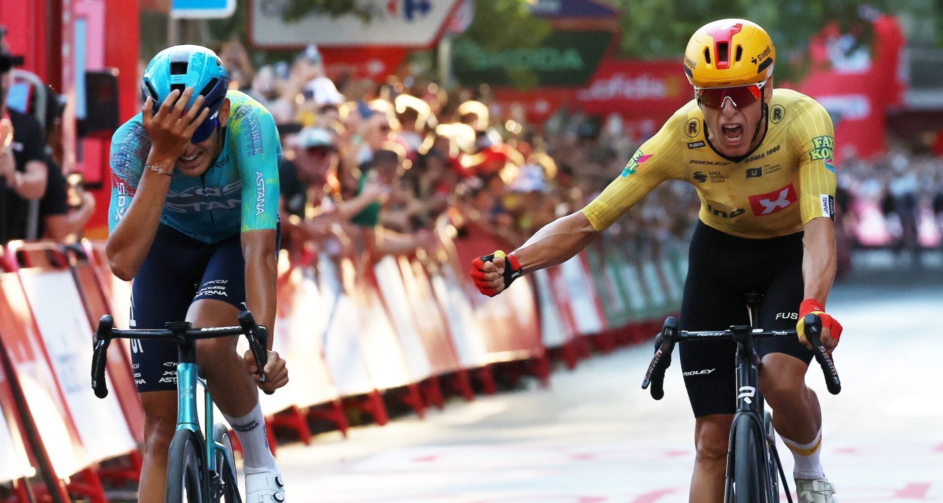 Tobias Halland Johannessen wins Vuelta stage 21 ahead of Alessandro Romele (Photo: Alexander Hassenstein/Getty Images)