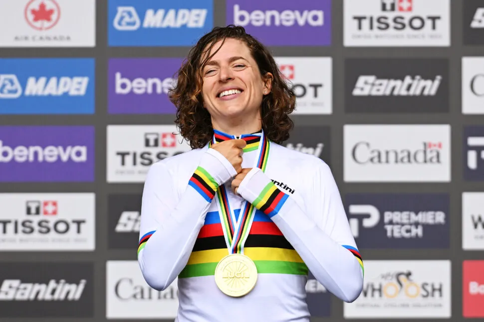MONTREAL, QUEBEC - SEPTEMBER 20: Gold medalist Marlen Reusser and Team Switzerland celebrates on the podium during the 99th UCI Road World Championships Montreal 2026 - Women Elite Individual Time Trial a 39,2km race from Montreal to Montreal on September 20, 2026 in Montreal, Quebec. (Photo by Dario Belingheri/Getty Images)