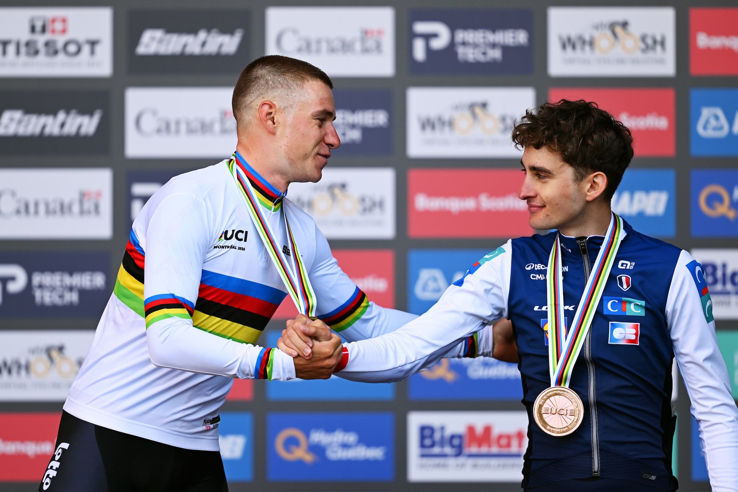 Gold medalist Remco Evenepoel congratulated Paul Seixas on his strong performance (Photo: Dario Belingheri/Getty Images)