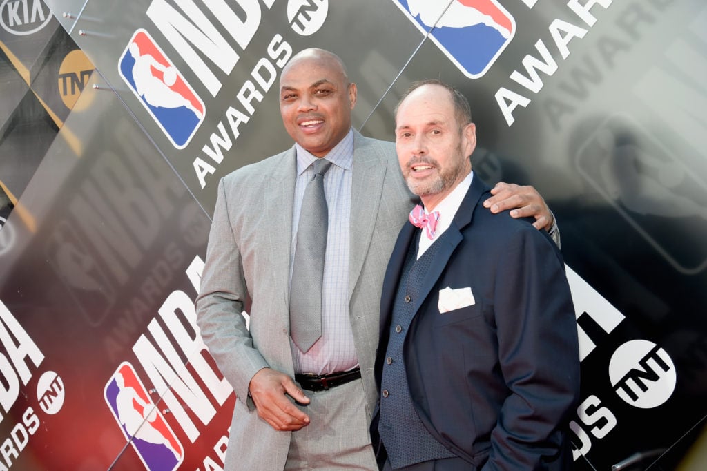 Charles Barkley (L) and Ernie Johnson Jr. attend 2018 NBA Awards at Barkar Hangar.