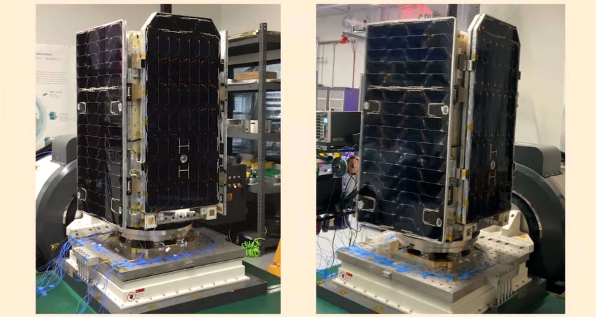 Two images show equipment testing solar-panel covered satellite equipment for vibration endurance in a Google laboratory.