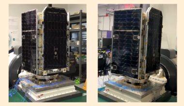 Two images show equipment testing solar-panel covered satellite equipment for vibration endurance in a Google laboratory.